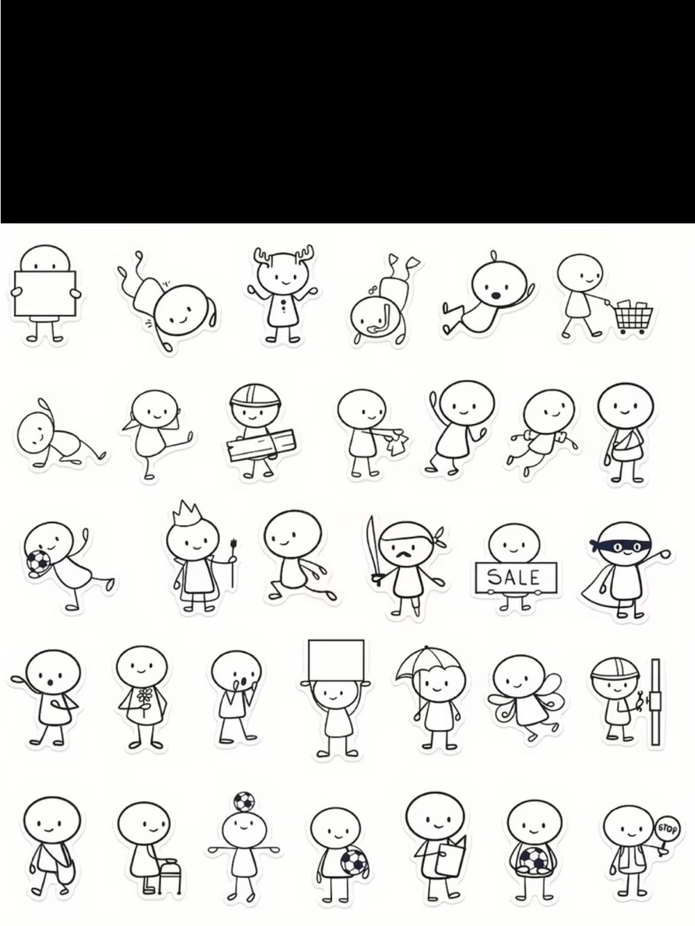 66pc Cute Stick Figure Stickers Black & White Cartoon Doodle Pack NEW - Picture 3 of 11